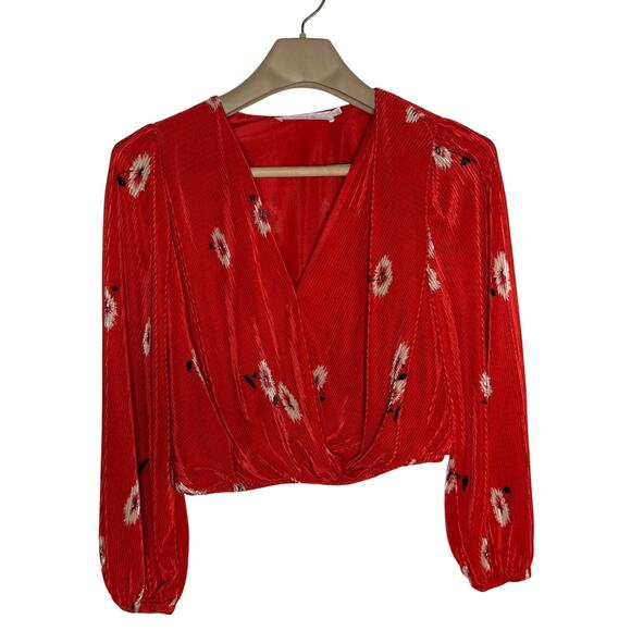 Astr Tops - ASTR The Label Vneck Pleated Long Sleeve Surplice Blouse Red Floral SMALL